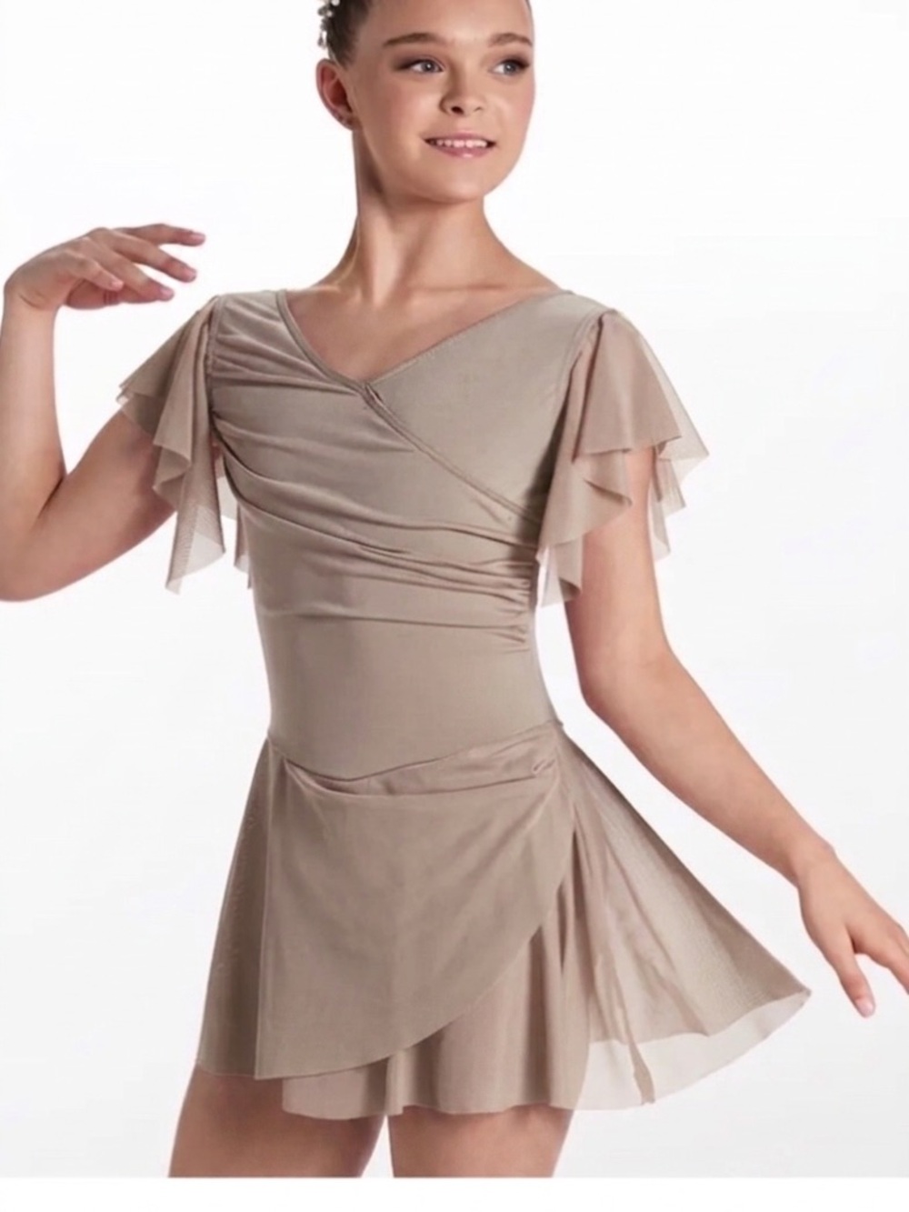 Weissman | A a walk In The Skies Flutter Sleeve Ballet Dance Dress Tan Taupe LC